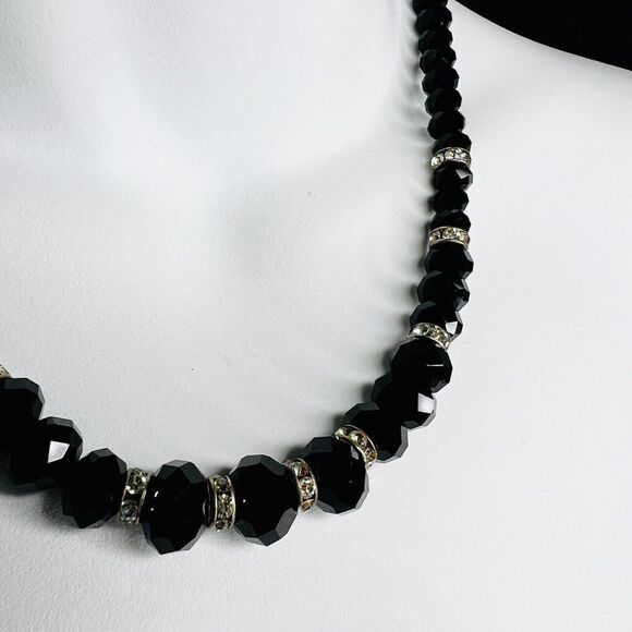 Glamorous Necklace Glass Black Faceted Graduated Beads Rhinestone Gold Tone 4403 - Picture 5 of 13